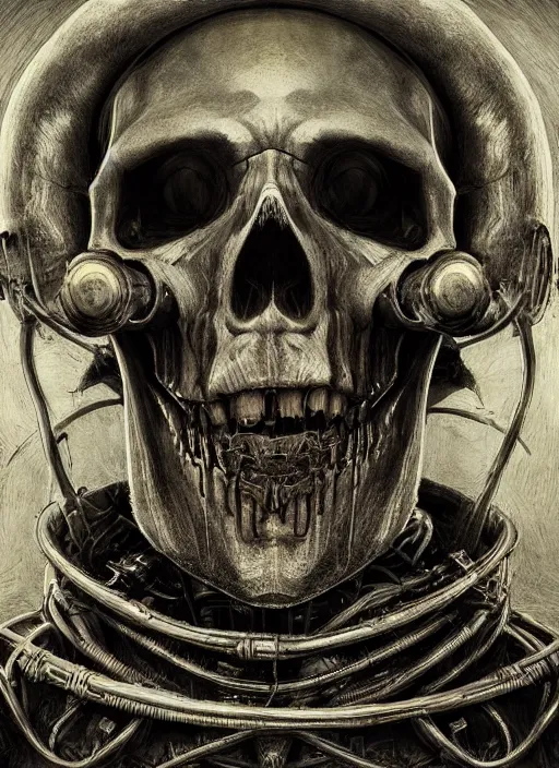 Image similar to portrait of robotic skull, by wayne barlow, stanley donwood, anton semenov, zdzislaw bekinski, hr giger, 8 k, sci fi, dark, highly detailed