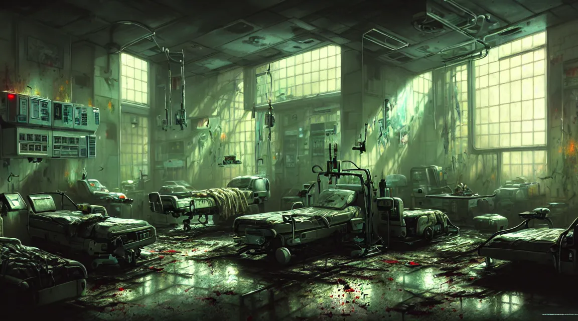 Prompt: post apocalyptic room interior, hospital interior, human silhouettes, by thomas kinkade trending on artstation, photorealistic, hyper detailed, hyper realistic, cyberpunk 2 0 7 7 vibrant colors, small blood stains on the walls, corpses floor, weapon damage