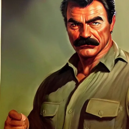 Image similar to ultra realistic portrait painting of tom selleck as vault boy, art by frank frazetta, 4 k, ultra realistic, highly detailed, epic lighting