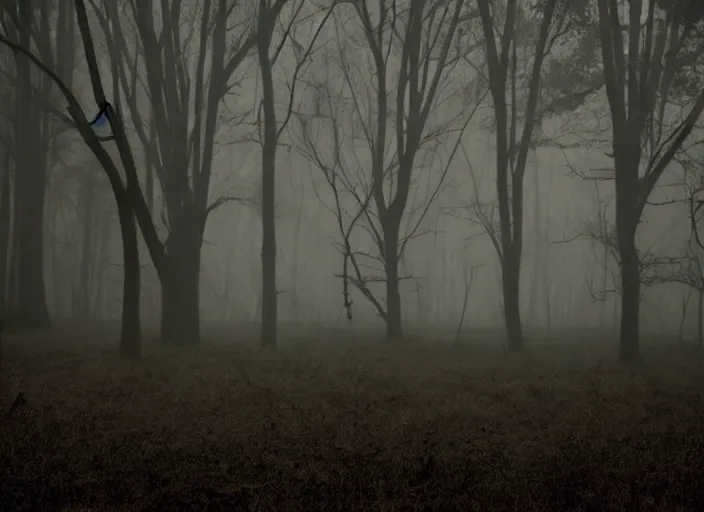 Image similar to scp - 0 9 6 hiding in a dark scary forest at night, fog, dark, scary, horror, creepy