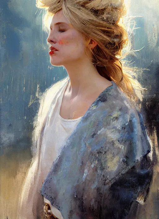 Prompt: painting of a gorgeous woman with golden hair in two buns wearing a poncho, blowing a kiss towards the viewer, by Jeremy Mann, stylized, detailed, realistic, loose brush strokes, intricate, intimate, aummer vibes, bold colors
