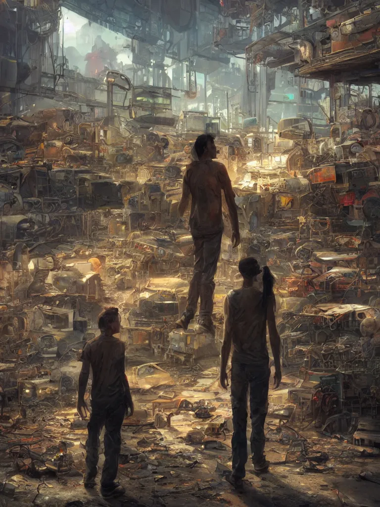 Image similar to concept art of a humanoid standing in a junkyard, back - view, technology screens glowing, matte painting, ultra detail, concept art, hyper realistic, photorealistic, cgsociety, artstation, cgsociety, style by jon foster and feng zhu and tyler edlin, octane render