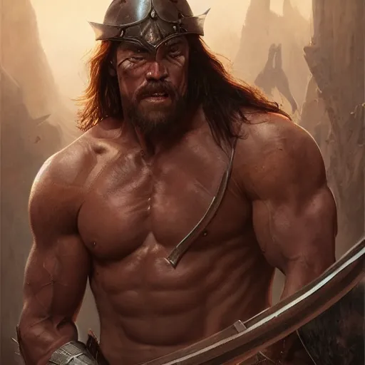 Image similar to Conan the Barbarian, 4k oil on linen by wlop, artgerm, andrei riabovitchev, nuri iyem, james gurney, james jean, greg rutkowski, highly detailed, soft lighting 8k resolution