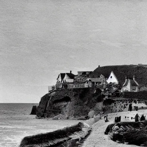 Prompt: a picture of a huge seaside cliff with a beach at the bottom, and small bronen huts in the beach, and a huge mansion on the top of the cliff :: a portrayal of the inequality of living confitions