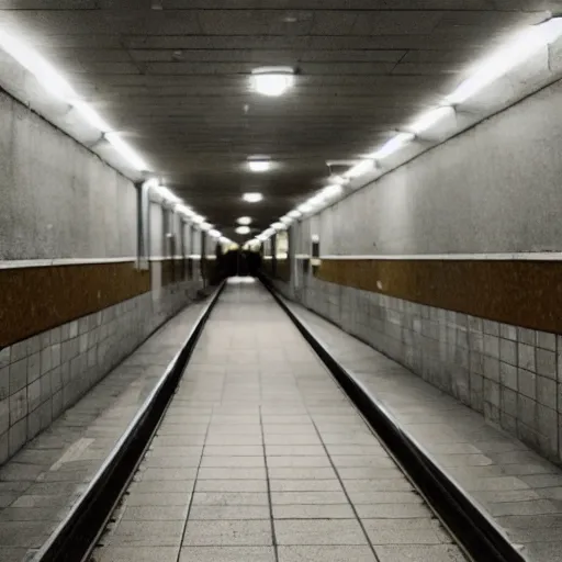 Prompt: a photograph of a creepy, liminal subway station