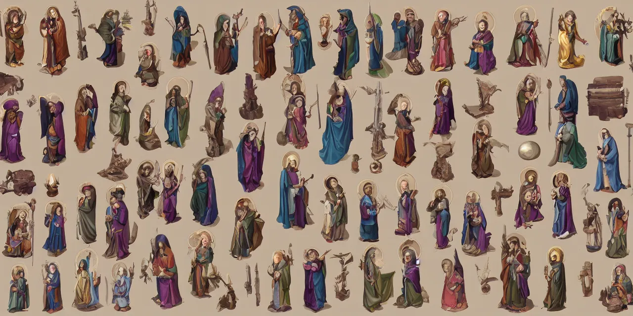 Prompt: game asset sheet, 2 d sprite, chibi nuns other religious iconographic items material study