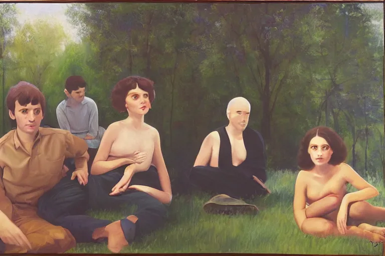 Prompt: beautiful painting of friends, beautiful faces, sitting on the edge, cute, soft light, digital painting by diane arbus and ralph mcquarrie and harry bertoia and carle eric