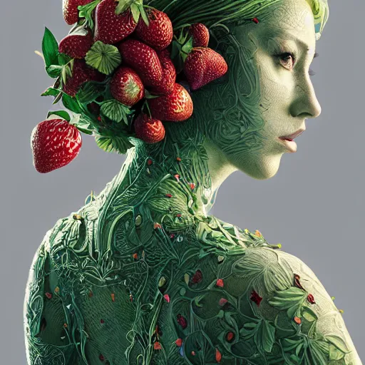 Image similar to the portrait of an absurdly beautiful, graceful, elegant, sophisticated woman made of strawberries and green petals, an ultrafine hyperdetailed illustration by kim jung gi, irakli nadar, fitness model, intricate linework, bright colors, octopath traveler, final fantasy, unreal engine 5 highly rendered, global illumination, radiant light, detailed and intricate environment