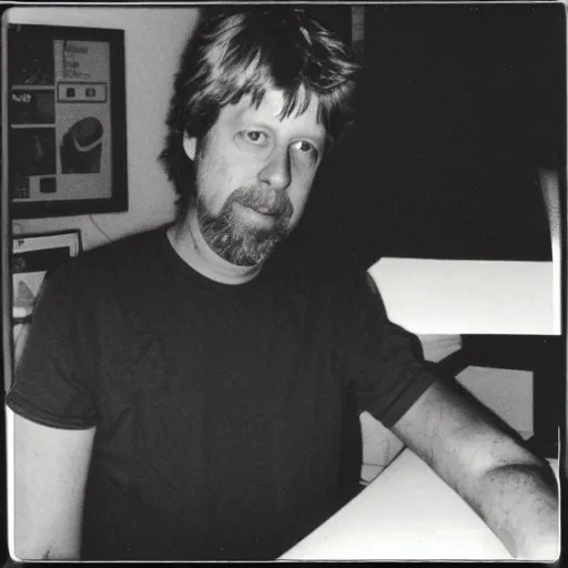 Prompt: Guido van Rossum in his 30s, working on the Python programming language, Polaroid photo