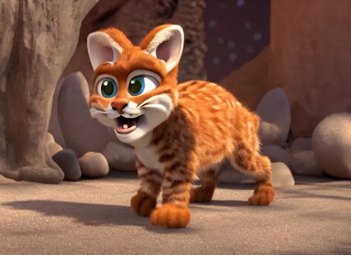 Prompt: Bubsy the bobcat starring in his new movie. 3D pixar animation