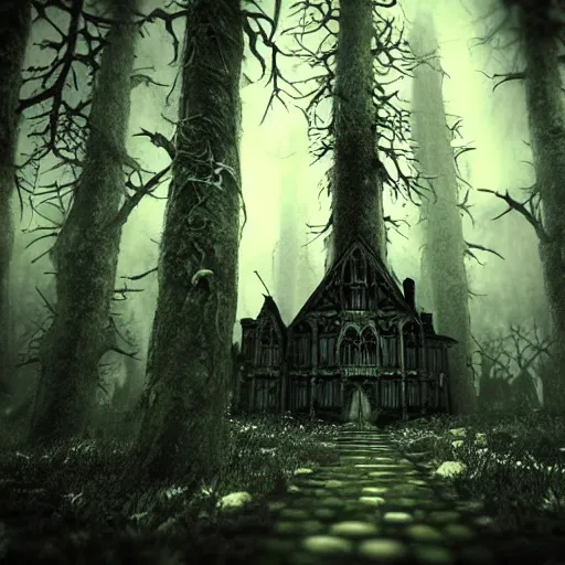 Prompt: a [ gothic ]!, old, haunted, [ haunting ]! a forest [ beautiful ]!, 2 d realistic gothic style [ photorealism ]! 3 d gothic realistic art 3 d creepy