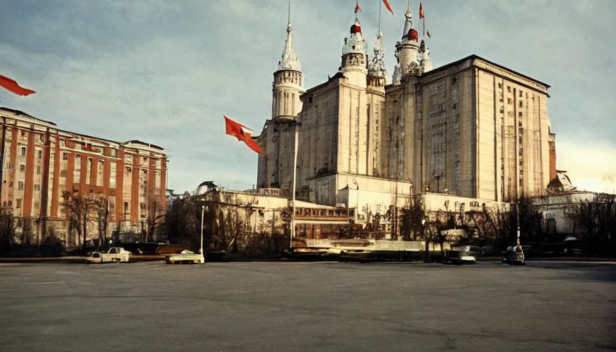 Image similar to 60s movie still of a sovietic museum stalinist style, cinestill 800t 10mm eastmancolor, by Josef Sudek, liminal Space style, heavy grain, high quality, high details, panoramic