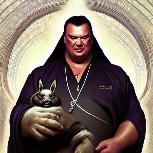 Prompt: Big Chungus Obese Steven Seagal, fantasy, intricate, elegant, highly detailed, digital painting, artstation, concept art, matte, sharp focus, illustration, art by Artgerm and Greg Rutkowski and Alphonse Mucha