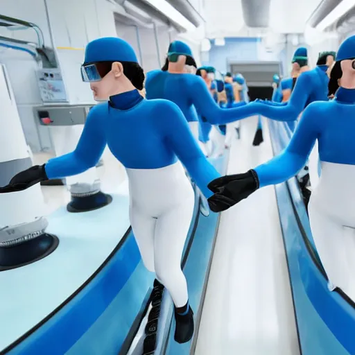 Prompt: troop in formation of athletic humans with light blue neoprene suits and white hair formation on a conveyor belt, futuristic laboratory, sci - fi, highly detailed, hyperrealistic