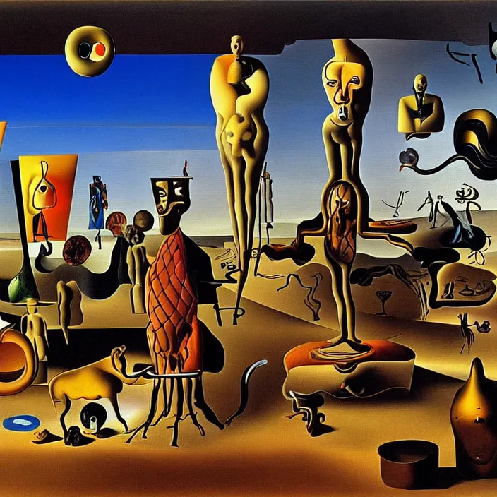 Prompt: a group of characters and random objects in a surreal environment by salvador dali