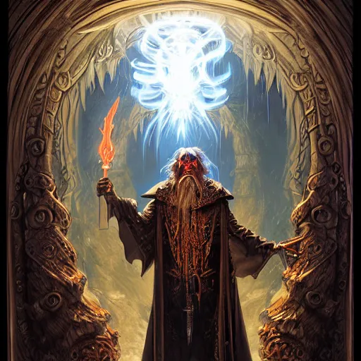 Prompt: a wizard in ornate black robes in his massive wizard laboratory, opening a portal to another world, the portal is framed by carved dragons, in the style of Jeff Easley, Brom, Greg rutkowski, Craig Mullins —width 768