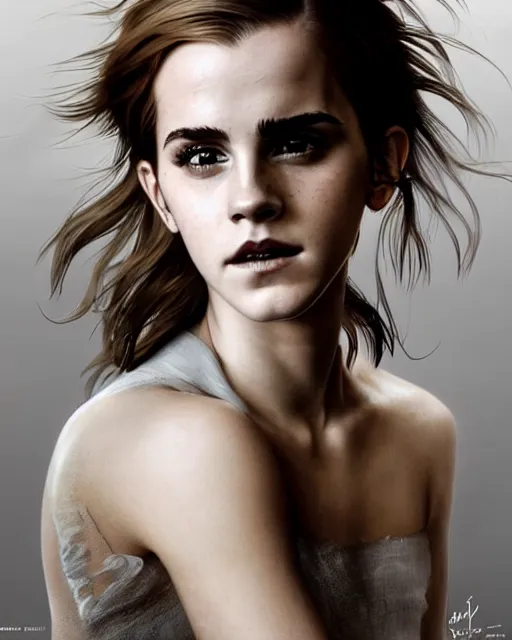 Image similar to clear portrait of emma watson, somber appearance, ripped clothing, looking her shoulder, background hyper detailed, character concept, full body, dynamic pose, intricate, elegant, highly detailed, digital painting, artstation, concept art, smooth, sharp focus, illustration, art by artgerm and greg rutkowski and alphonse mucha