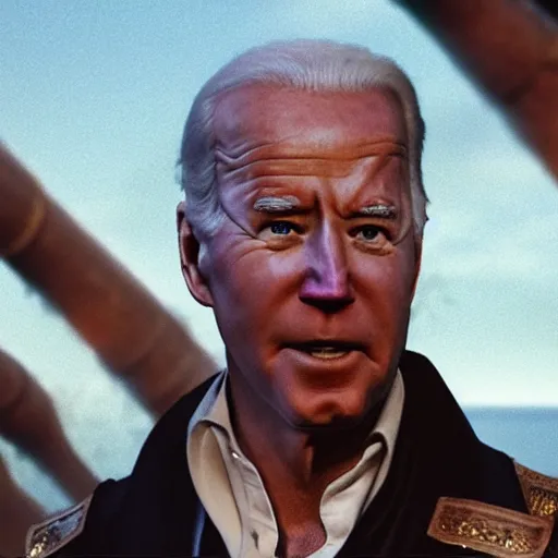 Image similar to joe biden as a pirate captain, film still, cinematic lighting