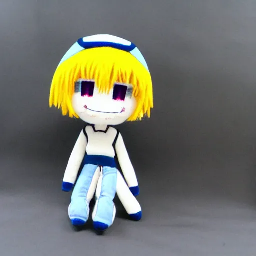 Prompt: rei chiquita, small plush of rei ayanami from evangelion