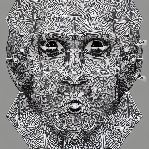 Image similar to Geometrically surreal Artificial Intelligence monk, high detail, photorealistic, intricate line drawings, dotart, album art in the style of James Jean