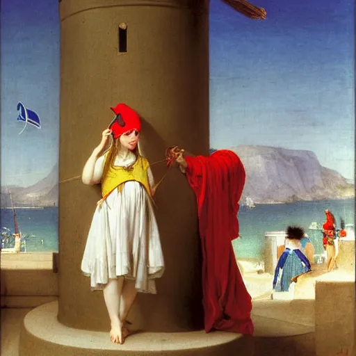 Image similar to A girl with jester hat and clothes on a greek circle archi on the front of a Balustrade with a beach and a sail boat on the background, major arcana cards, by paul delaroche and arnold böcklin hyperrealistic 8k, very detailed