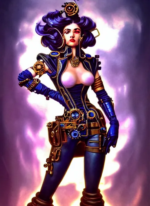 Image similar to front portrait of attractive Lady Mechanika with wavy hair using white gloves and retro guns, Intricate steampunk imagery , D&D!, fantasy style, sharp focus!, ultra detailed, art by Artgerm and Peter Andrew Jones, WLUP