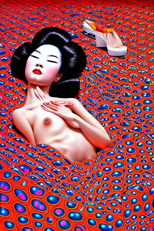 Image similar to realistic detailed image of a geisha laying down in a padded room, conjuring psychedelic background, part by yayoi kusama, part by alex gray, part by ross tran, part by james jean, ultra realistic, highly detailed, 8 k, trending on artstation, very cohesive, masterpiece