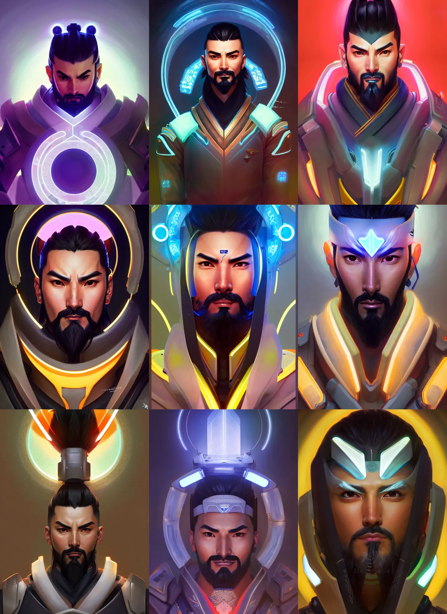 Prompt: symmetry portrait of hanzo from overwatch wearing a visor in a japanese garden, sci - fi, tech wear, glowing lights intricate, elegant, highly detailed, digital painting, artstation, concept art, smooth, sharp focus, illustration, art by artgerm and greg rutkowski and alphonse mucha