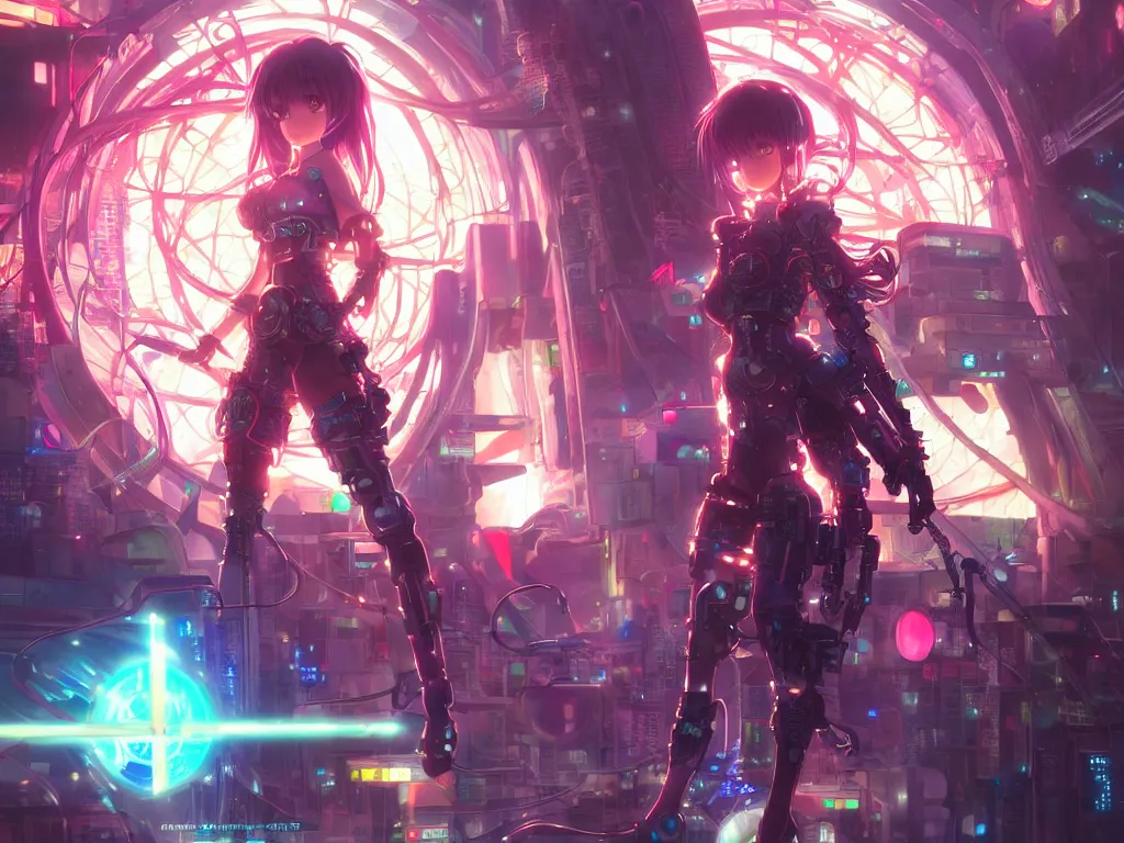 Prompt: anime key visual of futuristic cyber warrior girl, on cyberpunk tokyo rooftop, ssci - fi and fantasy, intricate and very beautiful, neon light, digital painting, artstation, concept art, smooth, illustration, art by rongzhen luo, rossdraws and huaixuan xiang and alphonse mucha and wlop