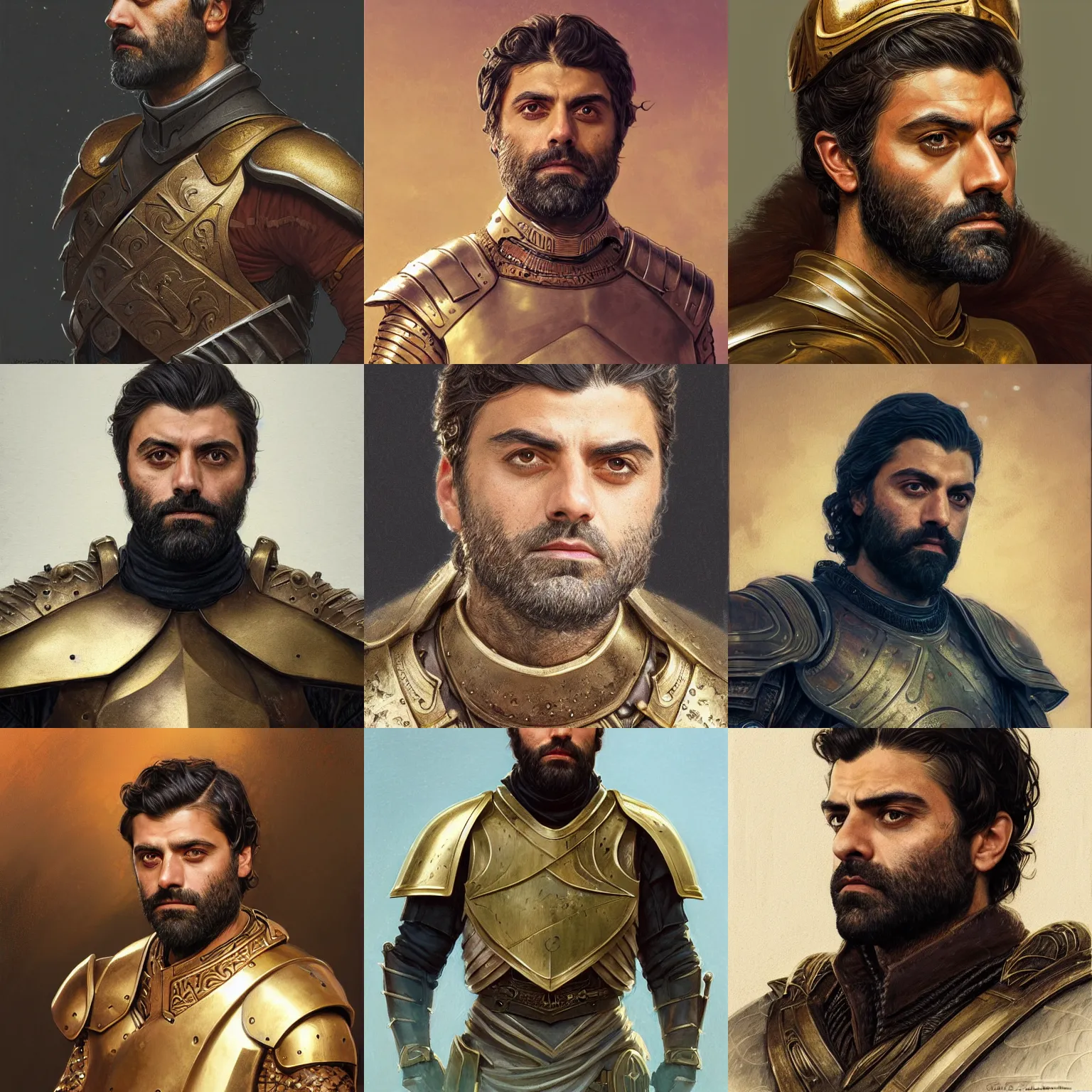 Prompt: portrait of bearded oscar isaac wearing a bronze coronet and armor, elegant, intricate, headshot, D&D, fantasy, highly detailed, digital painting, artstation, concept art, sharp focus, illustration, art by artgerm and greg rutkowski and alphonse mucha