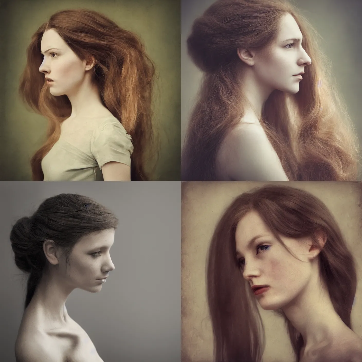 Prompt: portrait side profile photography of a woman with long hair by anka zhuravleva and ary scheffer. color photography. detailed.