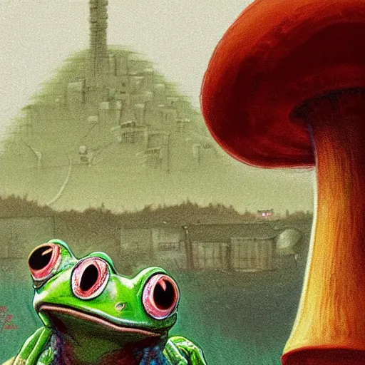 Prompt: A close up portrait of a scary godlike anthropomorphic frog smoking an anime cigarette , magic mushroom village in background . award winning. superb resolution. in the art style of junji Ito and greg rutkowski . Detailed Mushroom city in background. Hyper realistic anime. Perfect art. Dalle2