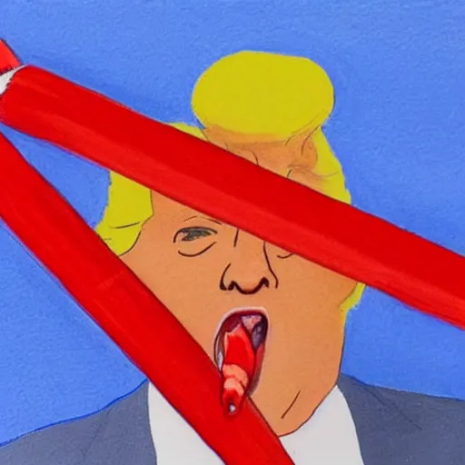 Prompt: portrait of donald trump eating a red crayon