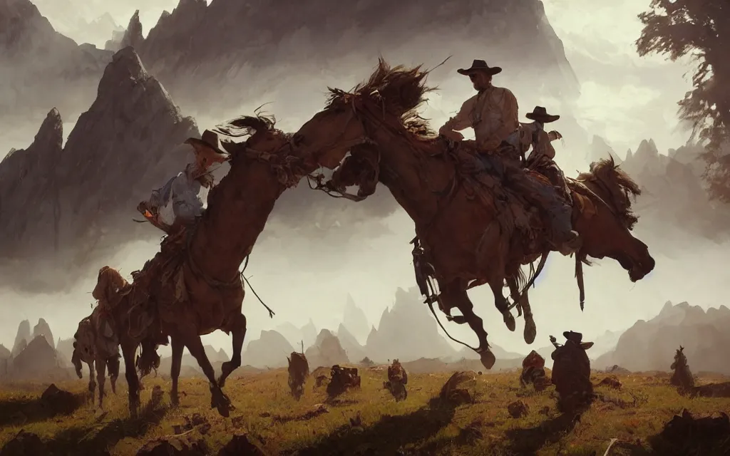 Image similar to a highly detailed epic cinematic concept art CG render digital painting artwork: Group of cowboys travelling to the mountains of destiny. By Greg Rutkowski, in the style of Francis Bacon and Syd Mead and Norman Rockwell and Beksinski, open ceiling, highly detailed, painted by Francis Bacon and Edward Hopper, painted by James Gilleard, surrealism, airbrush, Ilya Kuvshinov, WLOP, Stanley Artgerm, very coherent, triadic color scheme, art by Takato Yamamoto and James Jean