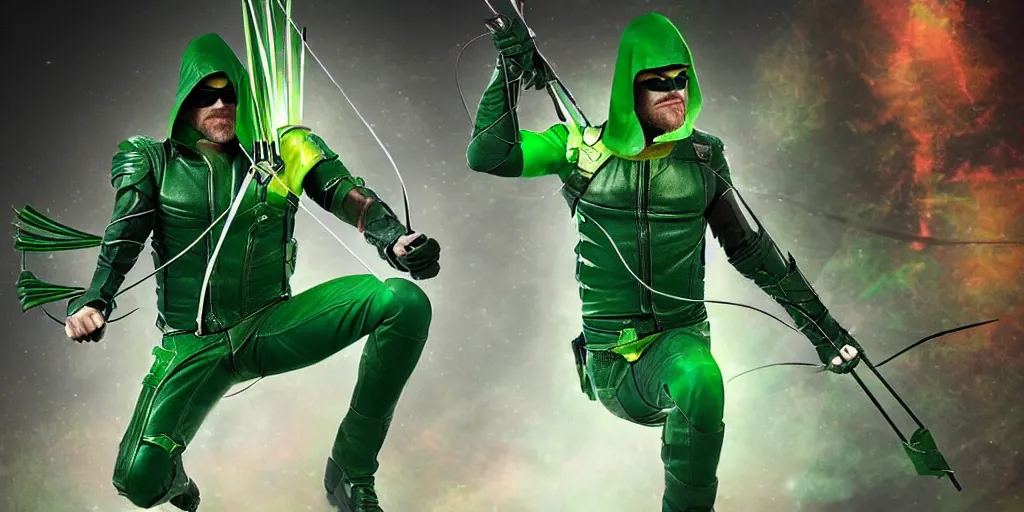 Image similar to green arrow combined with waya steurbaut hero combination rainbow glowing suite high resolution film render 100k, photo realistic, epic, colourful