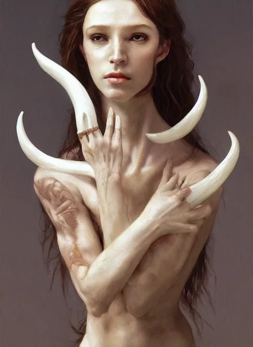 Image similar to half demon half human intricate skin ivory plastic, elegant, peaceful, full body, horns, hyper realistic, extremely detailed, dnd character art portrait, fantasy art, intricate fantasy painting, dramatic lighting, vivid colors, deviant art, artstation, by edgar maxence and caravaggio and michael whelan and delacroix.