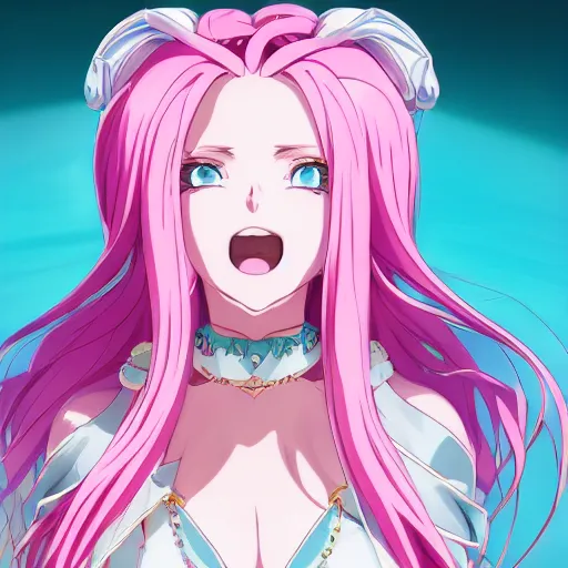 Image similar to stunningly beautiful omnipotent megalomaniacal anime goddess with porcelain skin, pink hair and mesmerizing cyan eyes, symmetrical perfect face smiling in a mischievous haughty way, mid view, hyperdetailed, 2 d, 8 k