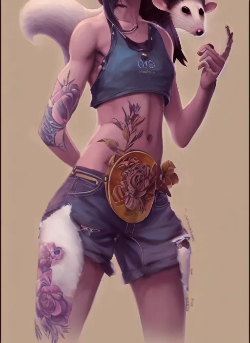 Image similar to character portrait of a anthro opossum girl fursona wearing a tanktop and shorts with arm tattoos. Character design by charlie bowater, ross tran, artgerm, and makoto shinkai, detailed, inked, western comic book art