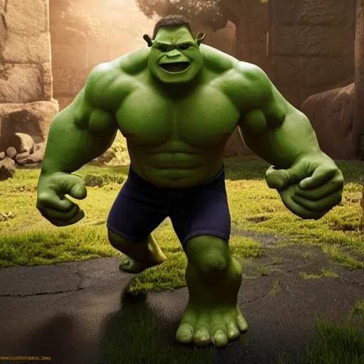 Prompt: hulk with shrek's body, realistic artstyle, wide shot, dramatic lighting, octane render, hyperrealistic, high quality, highly detailed, HD, beautiful, cinematic, 8k, unreal engine, facial accuracy, symmetrical