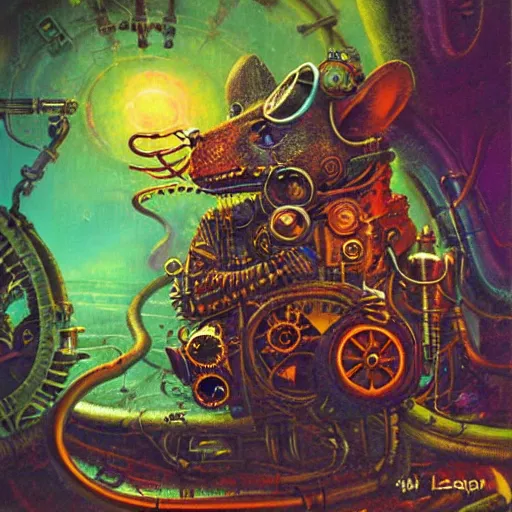 Prompt: steampunk rat, acid, 303, psychedelic, by paul lehr, cd cover for techno artist