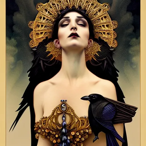 Image similar to goddess of crows, unusual beauty, emotionally evoking symbolic metaphors, head in focus, fantasy, ornamental, intricate, elegant, sensual, highly detailed digital painting, artstation, concept art, painterly, golden ratio, sharp focus, illustration, art by John Collier and Krenz Cushart and Artem Demura and Rafael and Alphonse Mucha and Albert Aublet