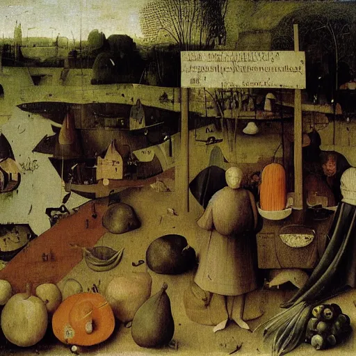 Prompt: the fruit and veg stall on the banks of the river styx, Hieronymus Bosch