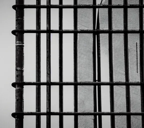 Prompt: Joachim Brohm photo of 'golden eagle behind jail bars', high contrast, high exposure photo, monochrome, DLSR, grainy, close up