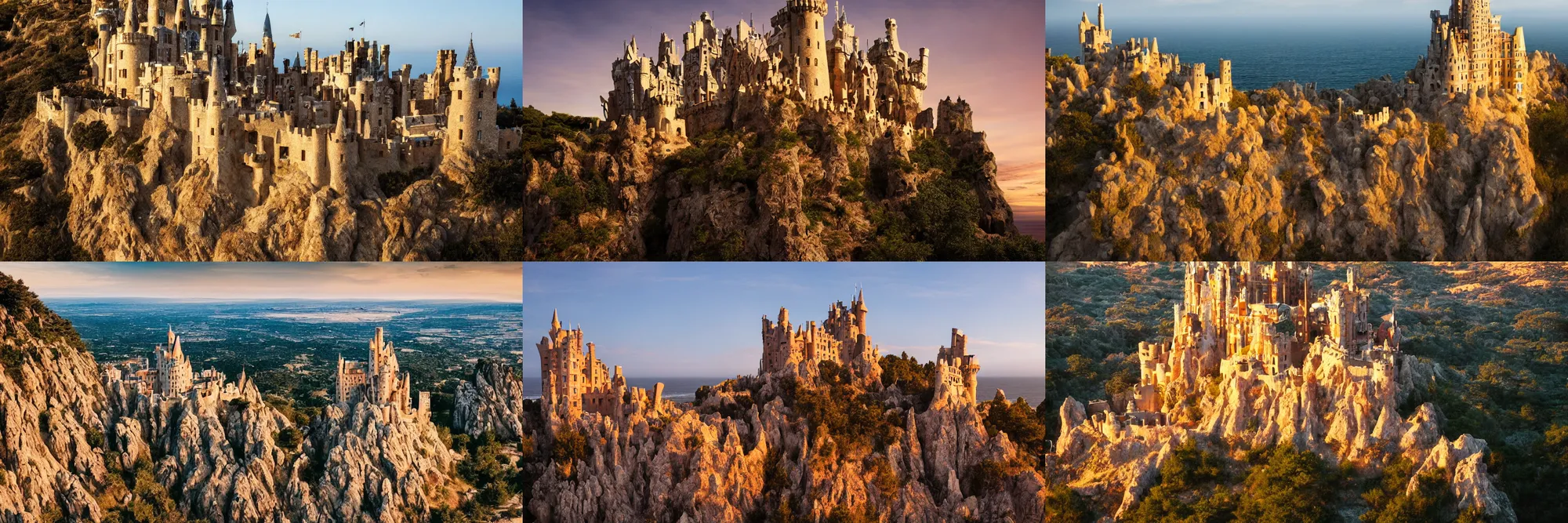 Prompt: photograph of a medieval castle sculpted on the cliff, designed by antoni gaudi, game of thrones, evening at dusk, golden hour, cinematic, movie still, rule of thirds, golden ratio, phi