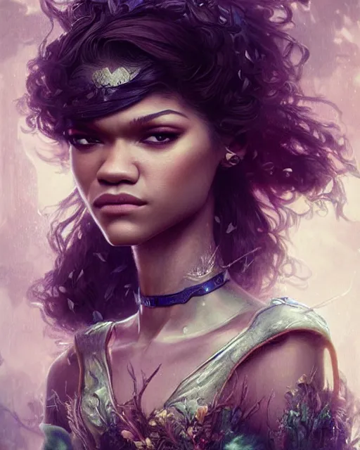 Image similar to zendaya as a fairy, hyper realistic face, beautiful eyes, fantasy art, in the style of greg rutkowski, intricate, hyper detailed, smooth