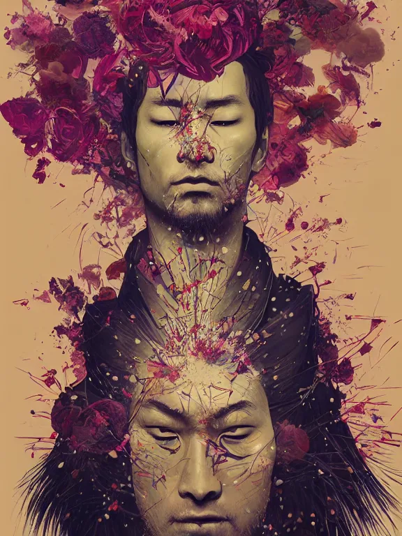 Image similar to art portrait of samurai with flowers exploding out of head,by tristan eaton,Stanley Artgermm,Tom Bagshaw,Greg Rutkowski,Carne Griffiths,trending on DeviantArt,face enhance,chillwave,minimalist,cybernetic, android, blade runner,full of colour,