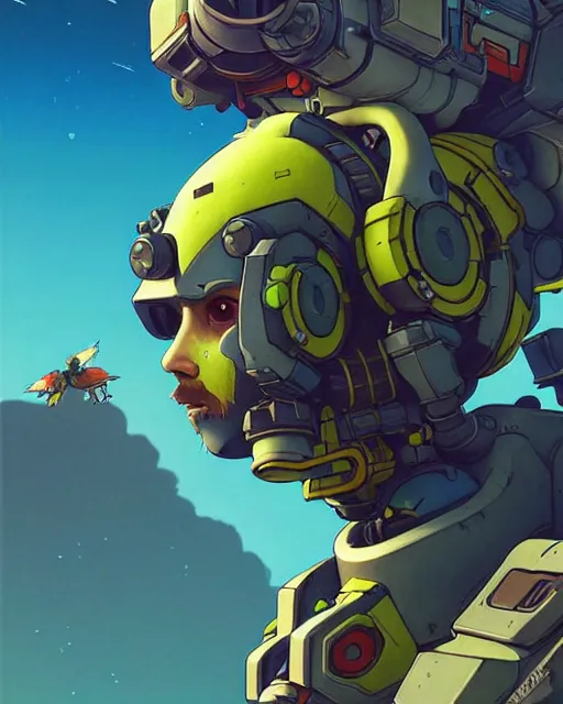 Image similar to bastion from overwatch, pet bird, character portrait, portrait, close up, concept art, intricate details, highly detailed, vintage sci - fi poster, retro future, in the style of chris foss, rodger dean, moebius, michael whelan, katsuhiro otomo, and gustave dore