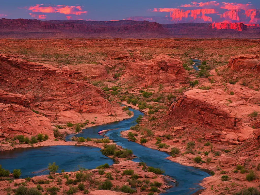 Prompt: “a river running through a canyon surrounded by desert mountains at sunset, moab, utah, a tilt shift photo by Frederic Church, trending on unsplash, hudson river school, photo taken with provia, national geographic photo, tilt shift”