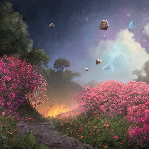 Prompt: meteorite made out of roses flying over the sky, roses trail, greg rutkowski, sharp focus