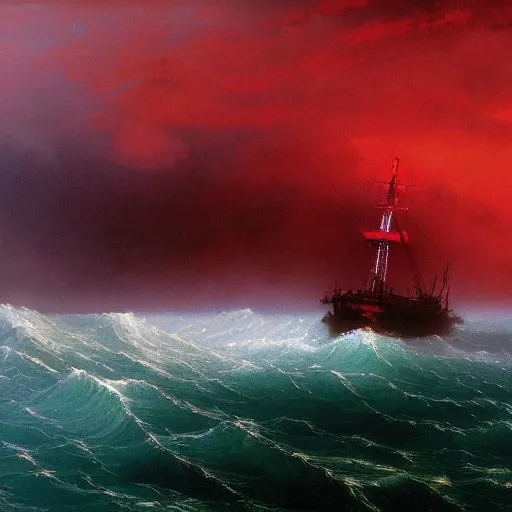 Image similar to bloody ocean, rusted iron ship sinking in red blood ocean, by Ivan Aivazovsky, junji ito, hd 8k